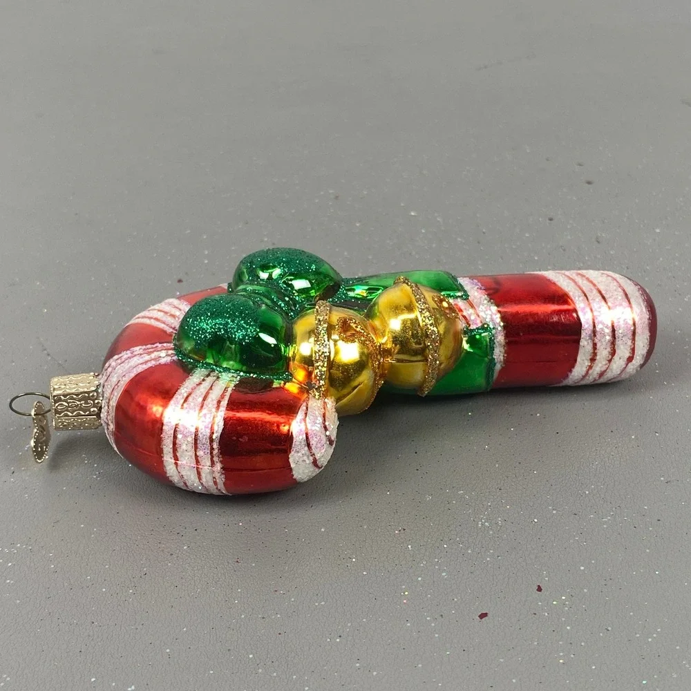 Old World Christmas Blimp & Candy Cane Glass Ornament Set Red Green Glitter